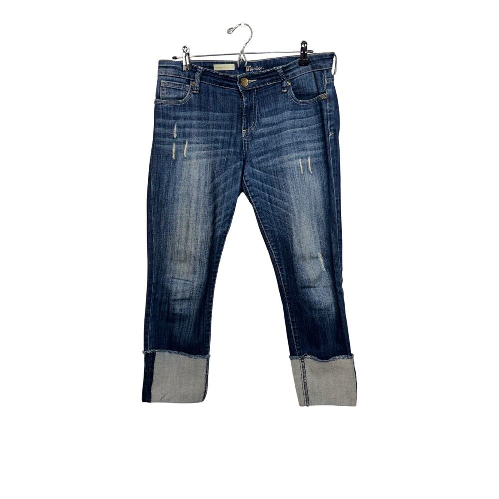 Kut From the Kloth Cameron blue denim crop jeans distressed straight wide cuff 6